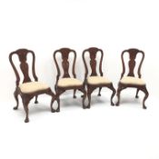 Set four George I style mahogany chairs, shaped and carved splat, upholstered seat, cabriole legs,