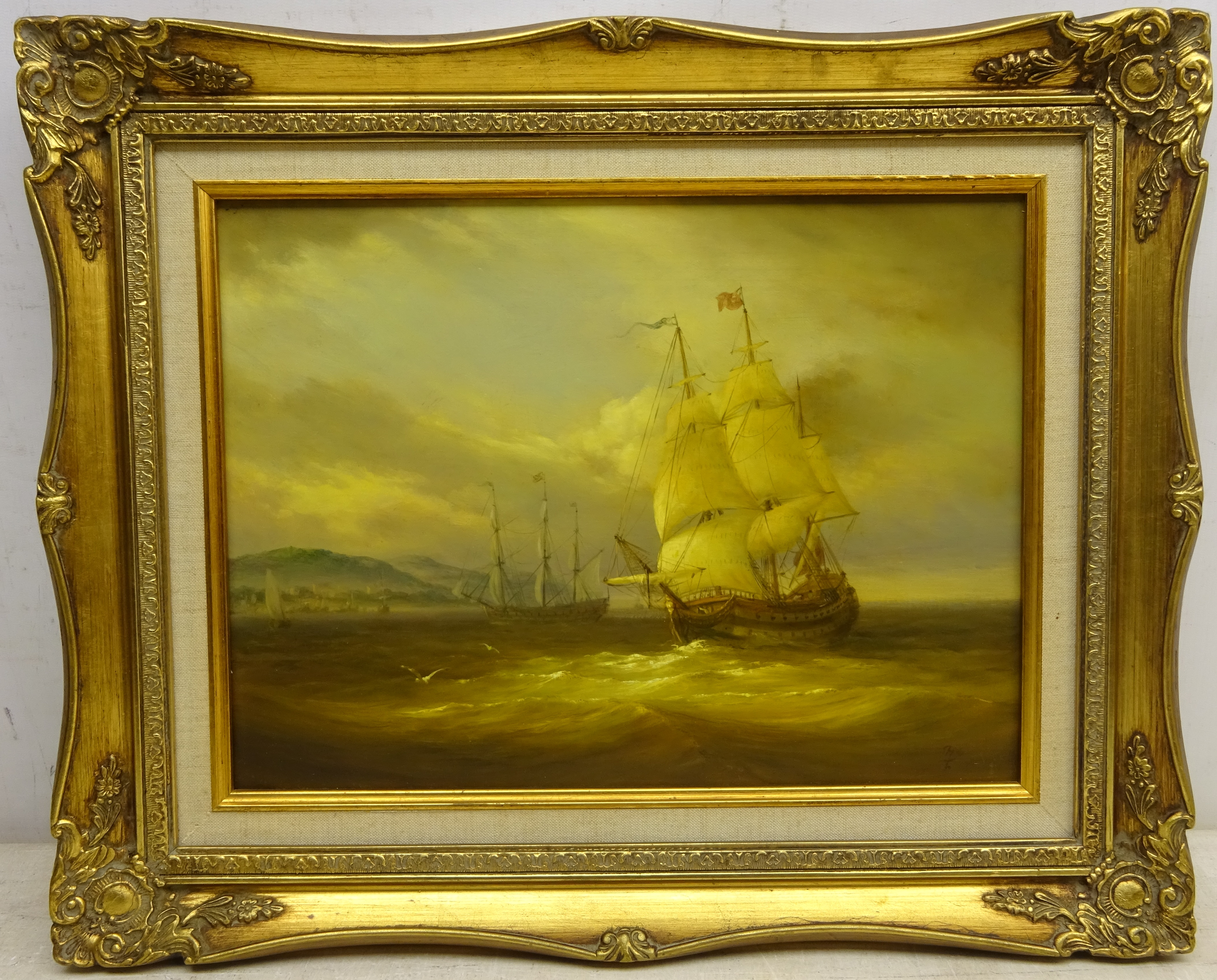 Masted Vessels out the Harbour at Dusk, 20th century oil on panel signed with initials, - Image 2 of 2