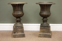 Pair classical style bronze finish urn, egg and dart rim detailing, on square tapering base, W28cm,