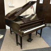 Eavestaff London mahogany cased cast iron overstrung baby grand piano, double gate leg supports,