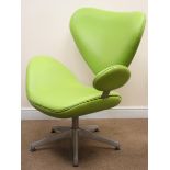 Retro style shaped chair, upholstered in a lime green material, metal frame, five spoke supports,