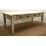 19th century painted pine farmhouse dining table with stripped sycamore planked top, two drawers,