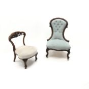 Victorian mahogany framed nursing chairs, upholstered in buttoned duck egg blue fabric,