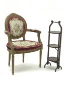 French style gilt framed open armchair, ribbon moulded cresting rail, upholstered back,