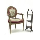 French style gilt framed open armchair, ribbon moulded cresting rail, upholstered back,