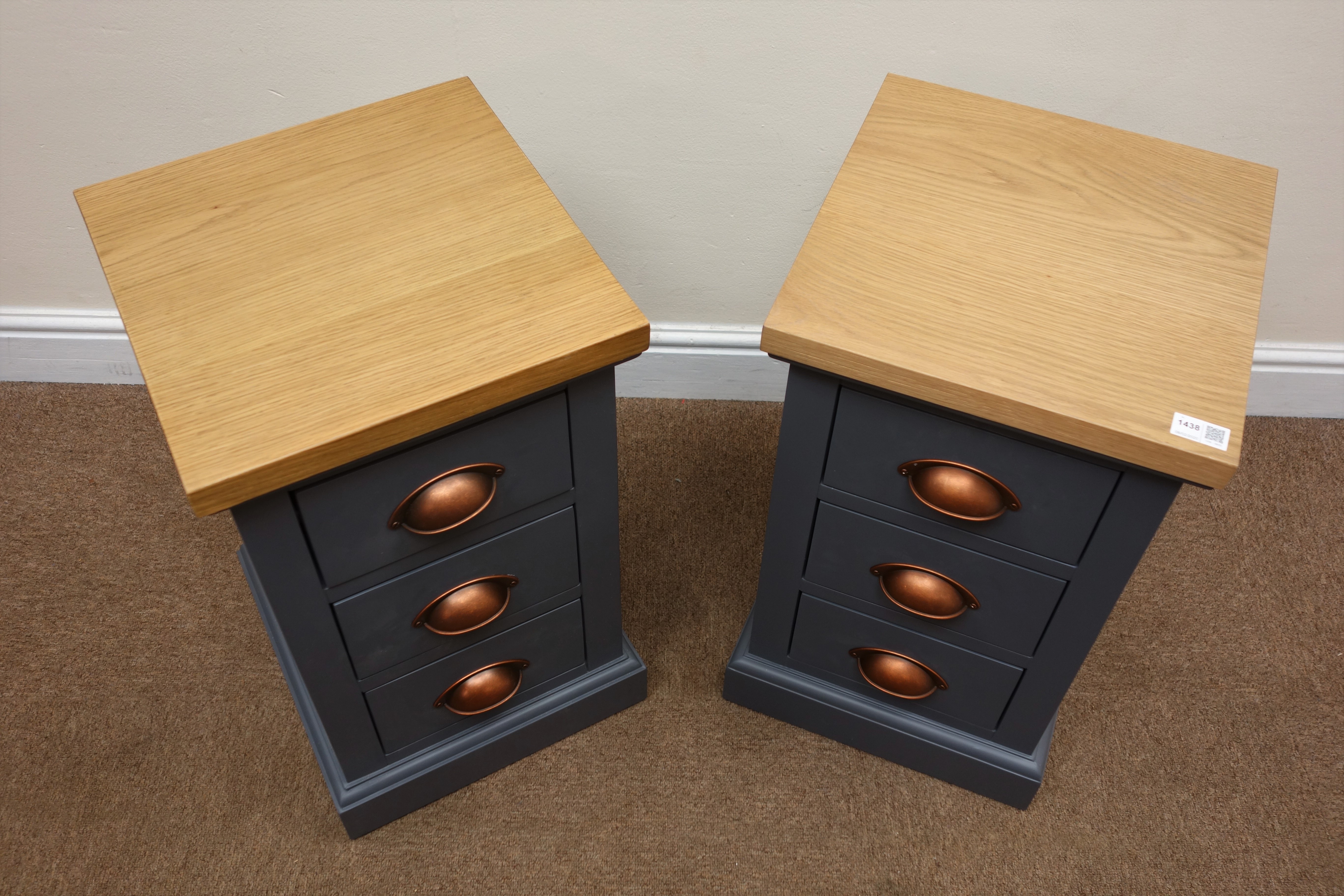 Pair bedside chests, natural oak finish top, three drawers painted slate blue, plinth base, W35cm, - Image 2 of 2