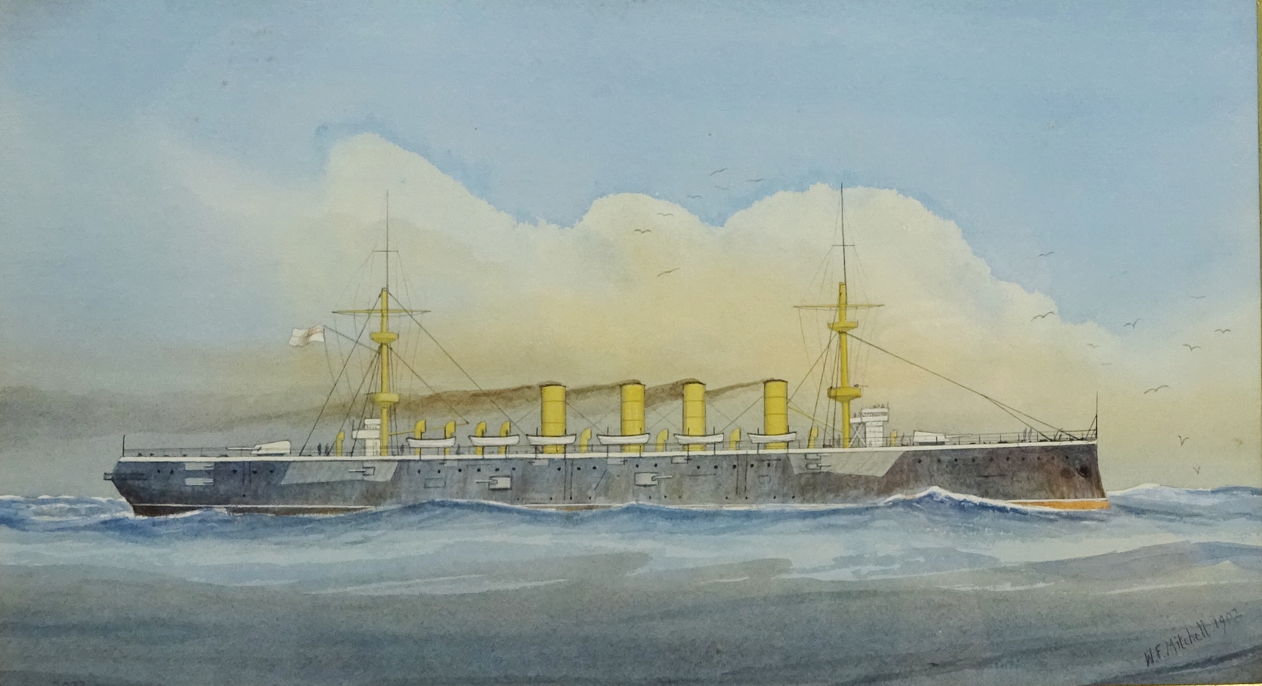 British Steam Battleship Portrait, watercolour bears signature W F Mitchell and date 1902,