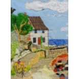 Ann Lamb (British 1955-): Lady Palmer's Cottage, Runswick Bay, fabric and hand stitched collage,
