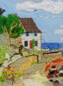 Ann Lamb (British 1955-): Lady Palmer's Cottage, Runswick Bay, fabric and hand stitched collage,