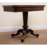 19th century mahogany folding tea table, single column support on four scrolled feet, W93cm, H78cm,