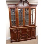 Georgian style mahogany breakfront bookcase, carved and pierced swan neck pediment,