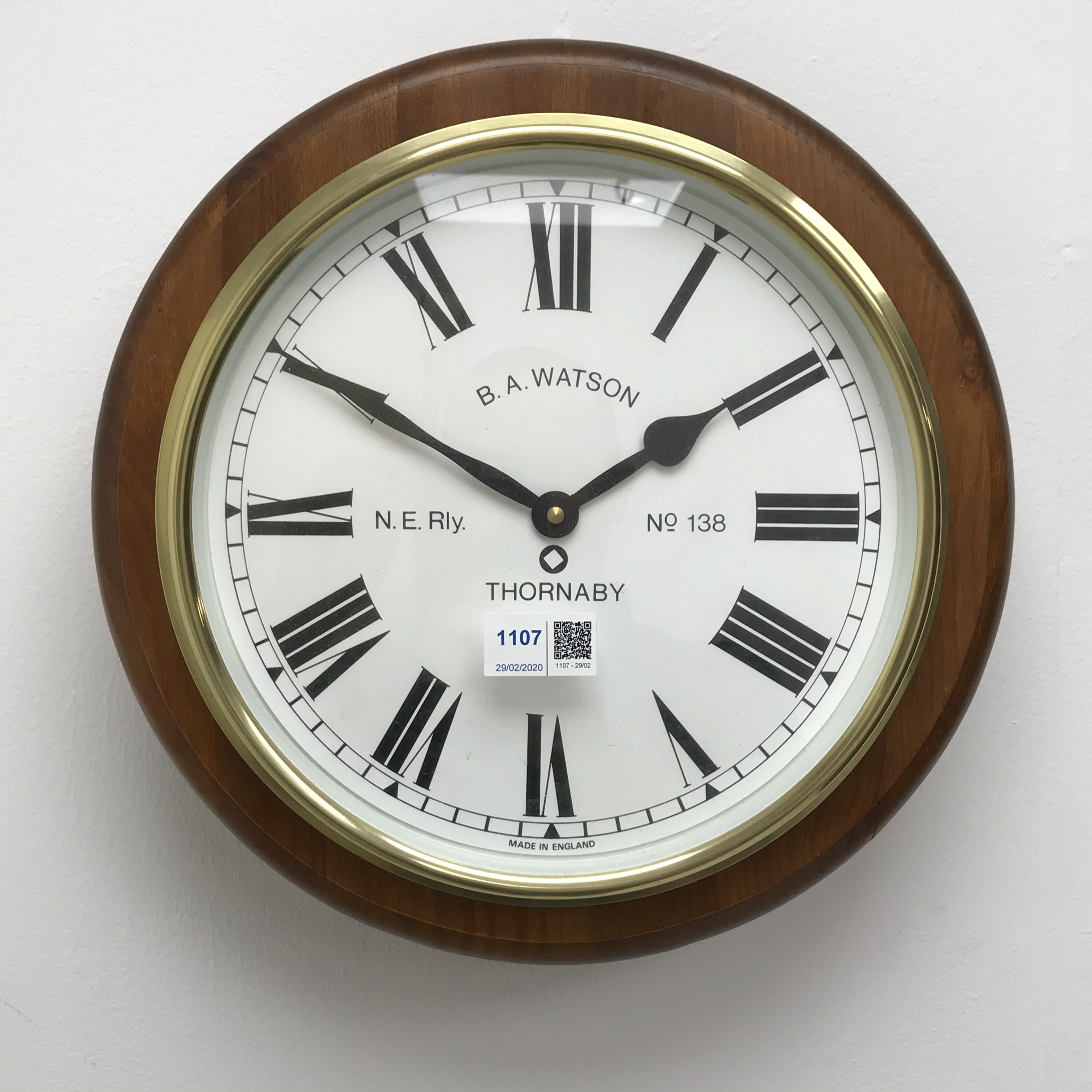 Railway style circular wall clock, dial marked N.E.Rly B.A.Watson Thornaby No. - Image 2 of 2