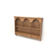 Solid pine two tier wall plate rack, projecting cornice, five spice drawers, W126cm, H93cm,
