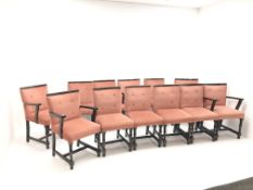 Set twelve chairs (7+5) ebonised framed chairs, upholstered back and seat,
