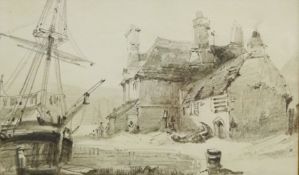 Henry Barlow Carter (British 1804-1868): Fishing Village, pencil sketch unsigned 10.5cm x 17.