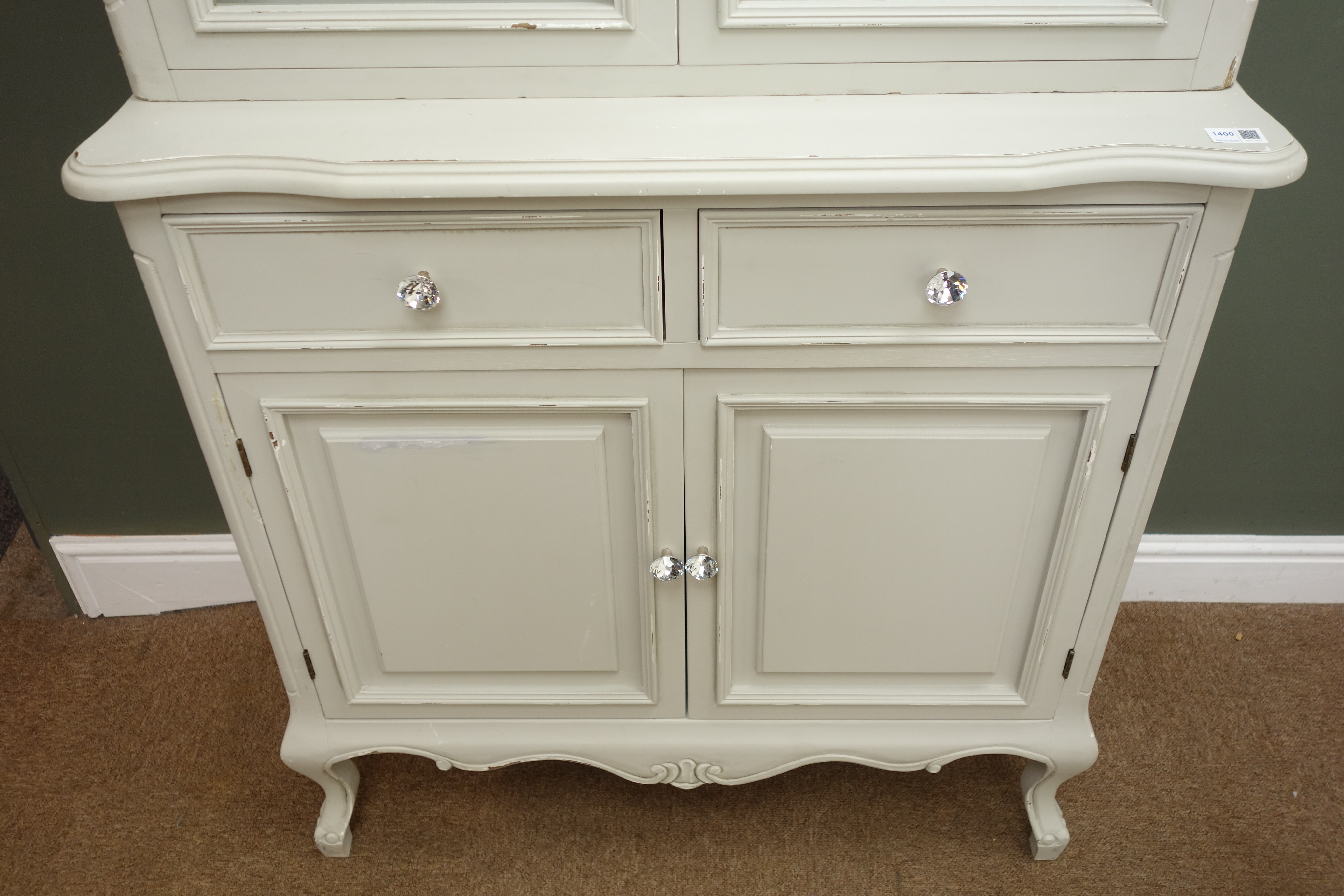 French style painted bookcase on cupboard, projecting cornice, - Image 3 of 3