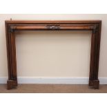 Early 20th century mahogany fire surround, moulded frame with foliage cared detailing, W145cm,