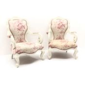 Pair French style armchairs, white painted frame, scrolled arms, upholstered back and seat,