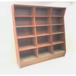 Mid century teak graduating open bookcase, four shelves, plinth base, W192cm, H193cm,