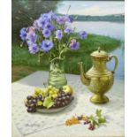 Gregori (Lysechko) Lyssetchko (Russian 1939-): Still Life of Flowers and Fruit on a Table by a
