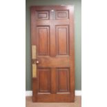 Mahogany six panel door, brass push plates and handle, W90cm,