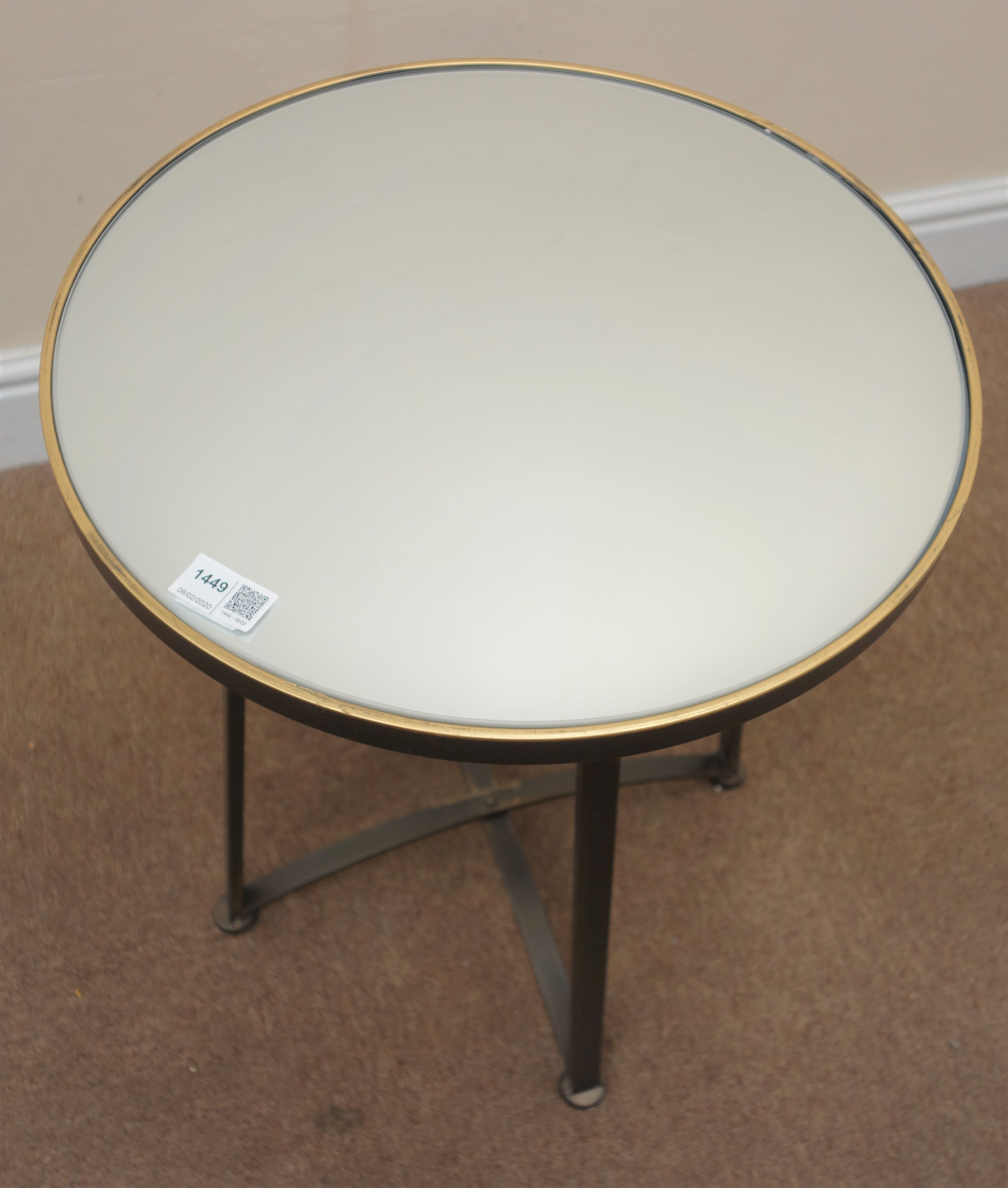 Circular mirror top side table, shaped bronzed metal supports joined by a stretcher, D42cm, - Image 2 of 2