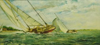 Frank Taylor (British 20th century): 'Fair Wind' - Two Yachts at Sea, oil on board signed,