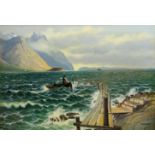 Harald Bjerved (Norwegian early 20th century): Boat Launching off a Wooden Pier,