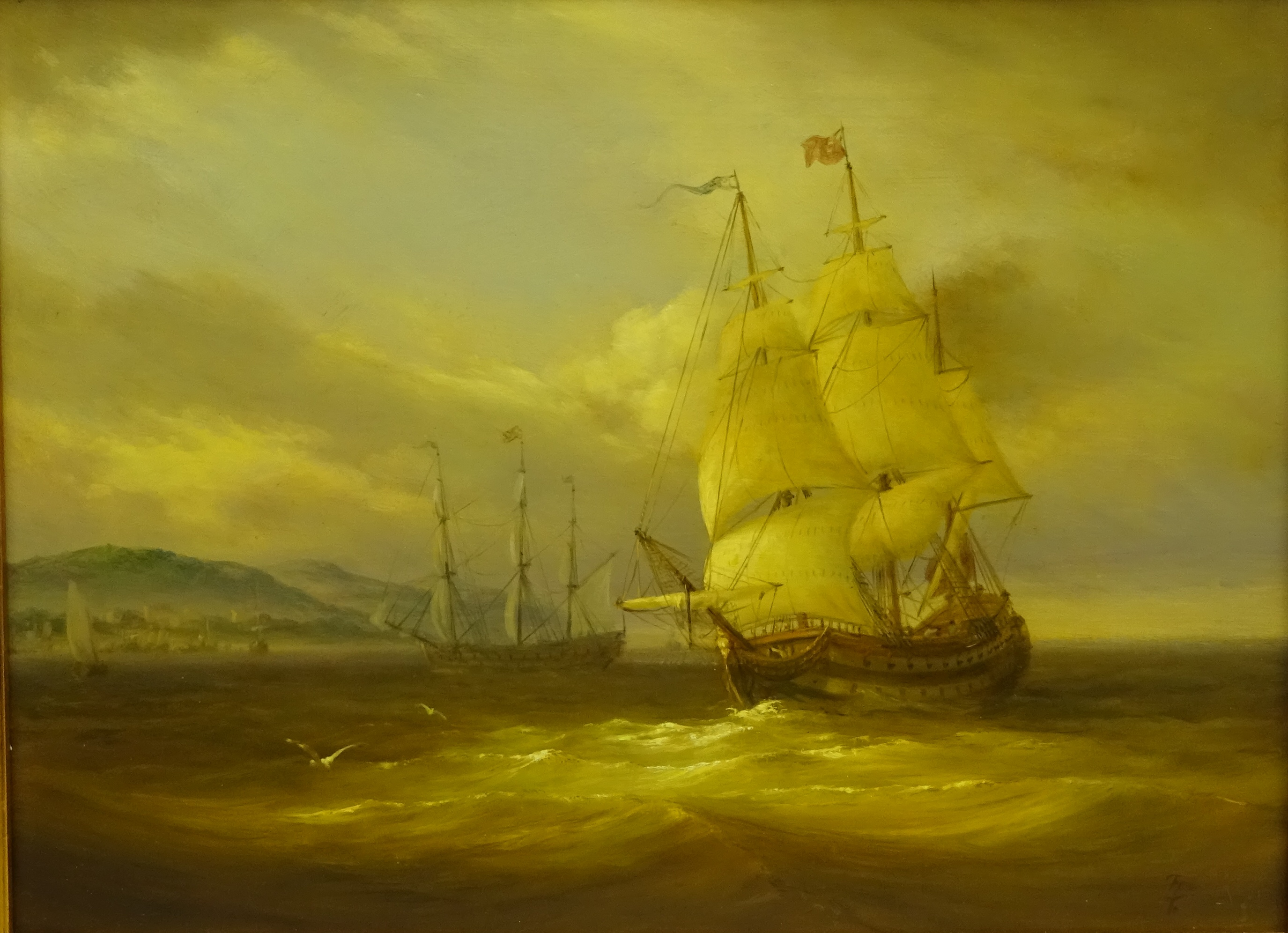 Masted Vessels out the Harbour at Dusk, 20th century oil on panel signed with initials,