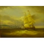 Masted Vessels out the Harbour at Dusk, 20th century oil on panel signed with initials,