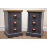 Pair bedside chests, natural oak finish top, three drawers painted slate blue, plinth base, W35cm,