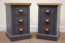 Pair bedside chests, natural oak finish top, three drawers painted slate blue, plinth base, W35cm,