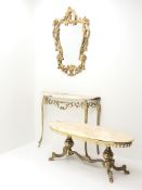 Alabaster console table, shaped marble top on gilt finished cabriole legs (W91cm, H75cm,
