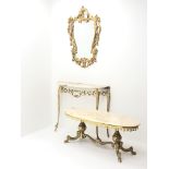 Alabaster console table, shaped marble top on gilt finished cabriole legs (W91cm, H75cm,