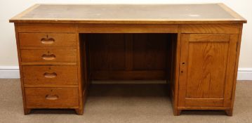 Early 20th century vintage oak twin pedestal office desk, leather inset top, panelled front,