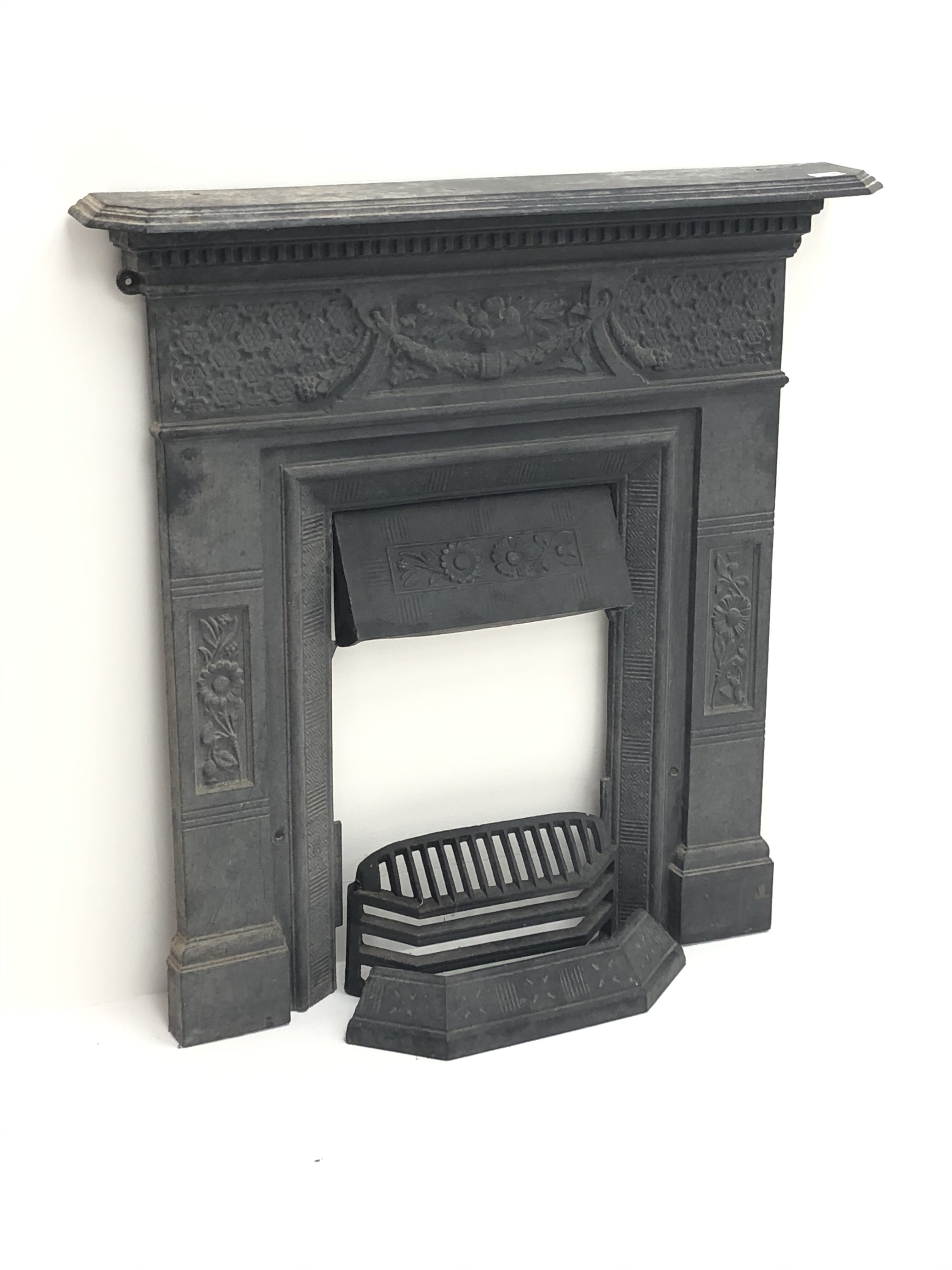 Victorian cast iron fireplace, moulded top, dentil frieze, W90cm,