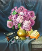 Gregori (Lysechko) Lyssetchko (Russian 1939-): Still Life of Hyacinths in a Vase, Book,