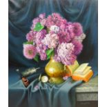 Gregori (Lysechko) Lyssetchko (Russian 1939-): Still Life of Hyacinths in a Vase, Book,