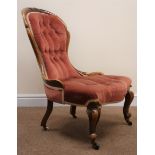 Victorian mahogany framed nursing chair, upholstered in a deep buttoned fabric, cabriole legs,