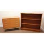 G Plan teak chest, four drawers, metal framed supports (W92cm, H79cm, D44cm) and a teak bookcase,