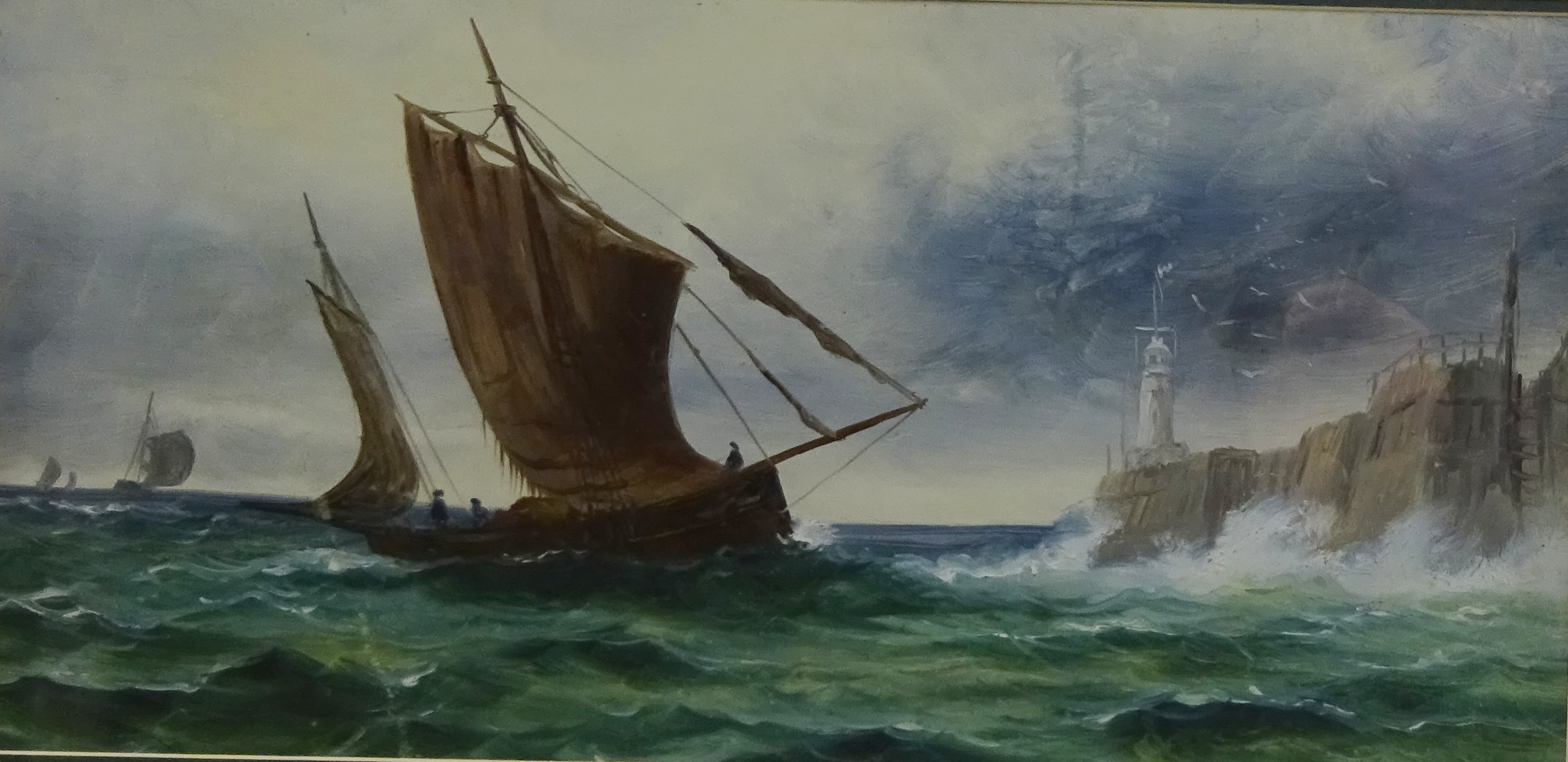 Fishing Boat Returning to Harbour, 20th century oil on board unsigned 26.5cm x 53.