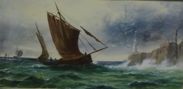 Fishing Boat Returning to Harbour, 20th century oil on board unsigned 26.5cm x 53.