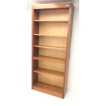 Cherry wood open bookcase, four adjustable shelves, plinth base, W92cm, H215cm,