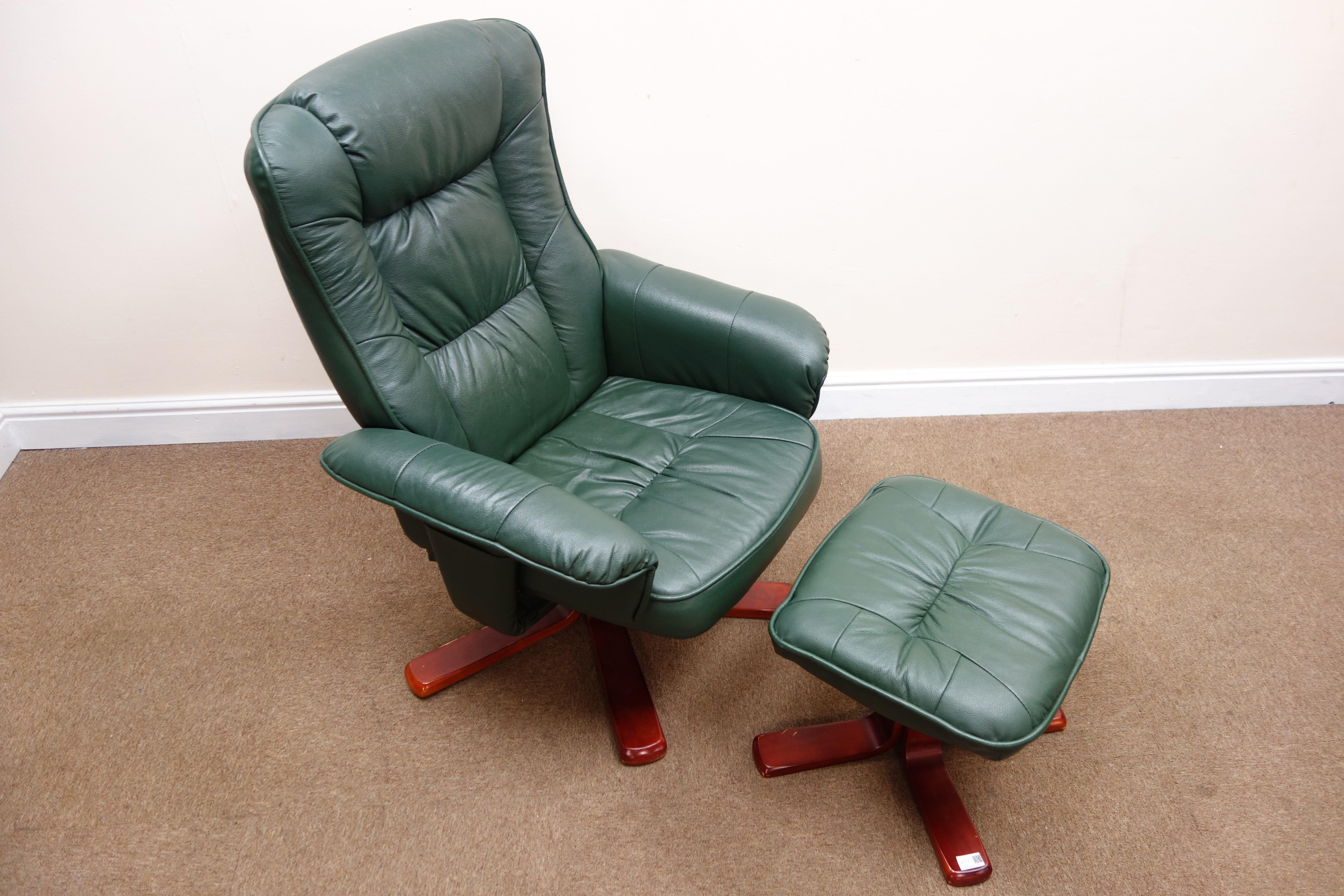 Recliner armchair upholstered in green faux leather (W77cm) with stool (2) Condition - Image 2 of 2