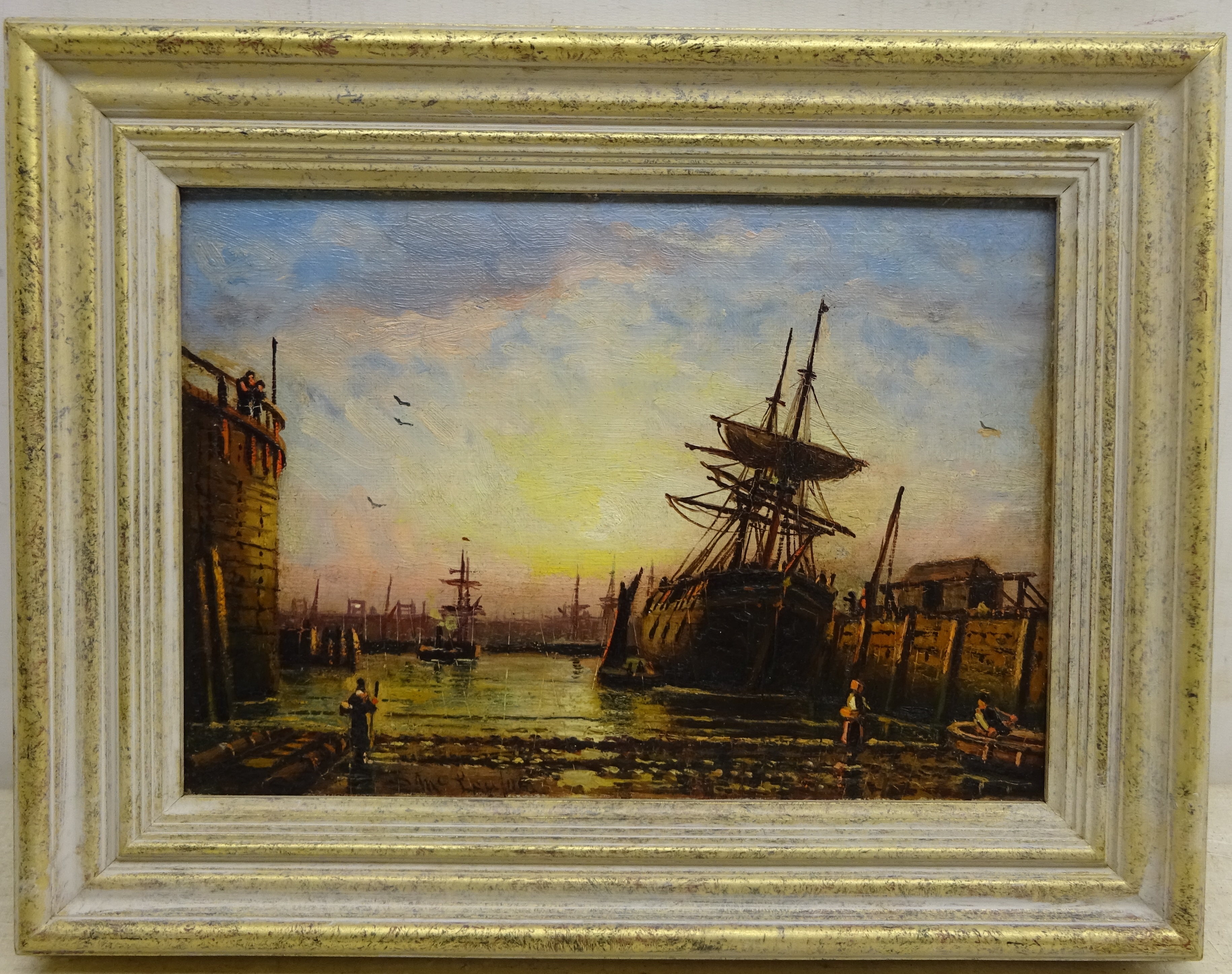 Duncan Fraser Mclea (British 1841-1916): Harbour Scene at Dusk, oil on board signed 17. - Image 2 of 2