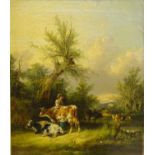 English School (19th century): Lady Tending to the Cows in a Rural Landscape,