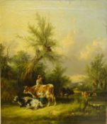 English School (19th century): Lady Tending to the Cows in a Rural Landscape,