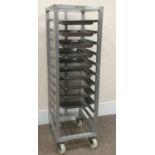 Row Fabrications twelve tier portable racking system with nine trays, W50cm, H156cm,