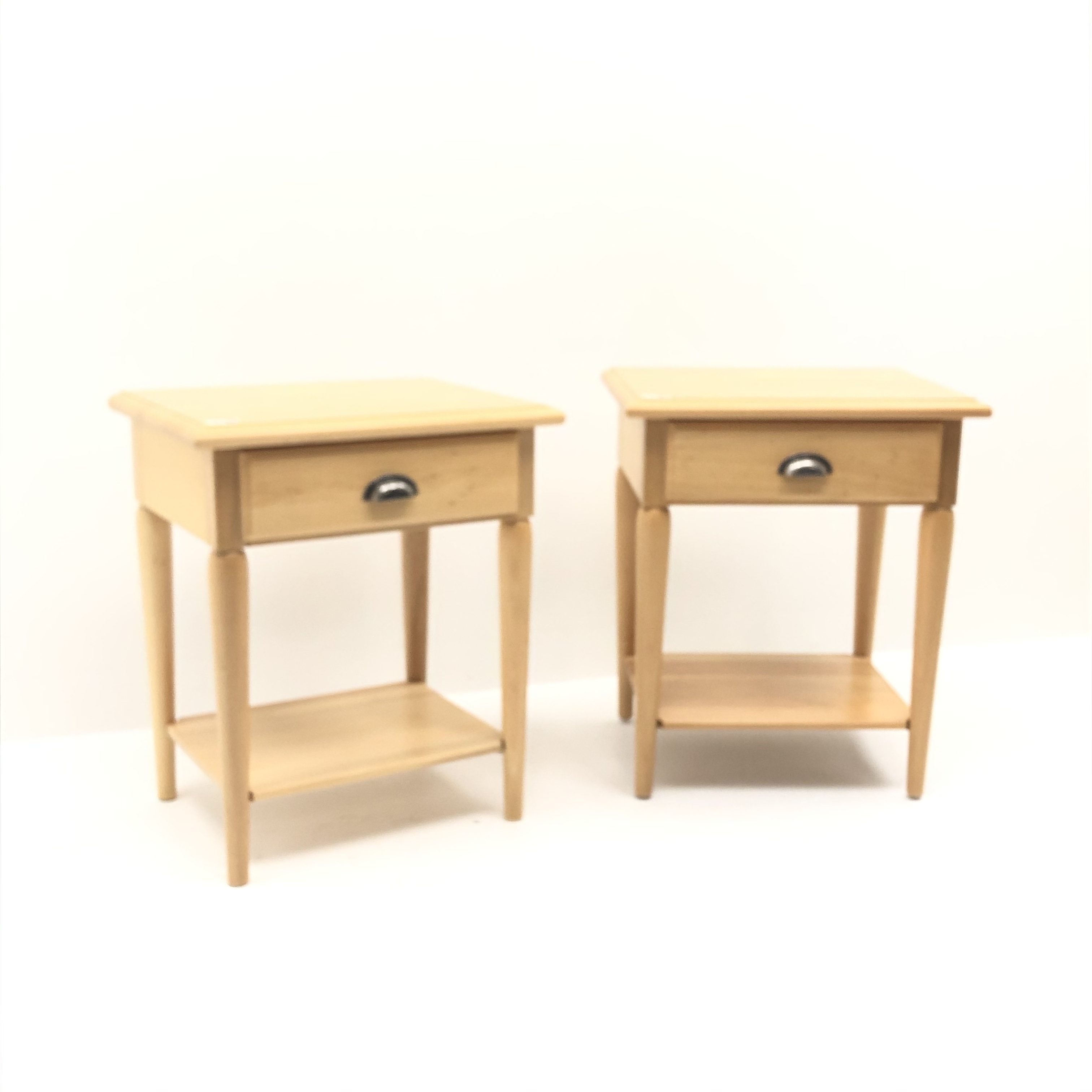 Pair Laura Ashley sycamore bedside tables, single drawer, turned tapering supports, solid undertier,