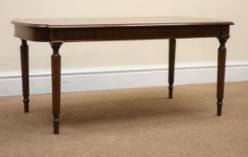 Regency style mahogany cross banded coffee table, turned tapering, reeded supports, W91cm, H41cm,